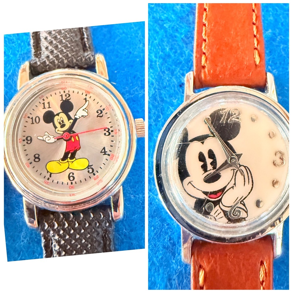 Disney‎ Mickey Mouse Watch Lot of 2 Quartz Watches Working Leather Straps